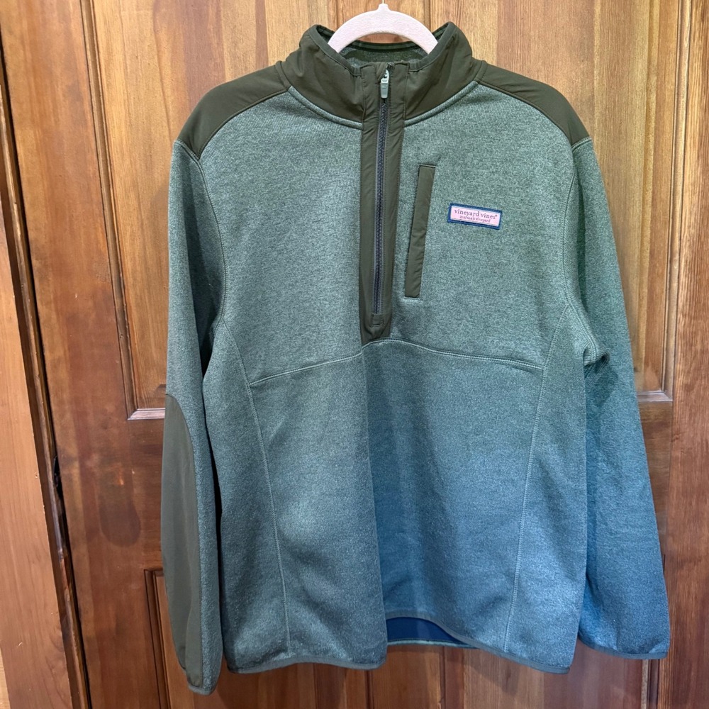 Vineyard Vines Mens Olive Green Heather Quarter Zip Pullover Patch Elbow L EUC